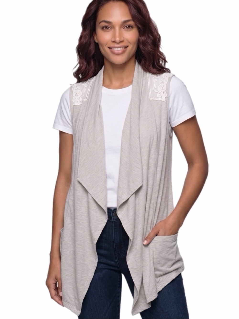 LOGO Lori Goldstein Taupe Draped Open-Front Sleeveless Cardigan with Lace Large